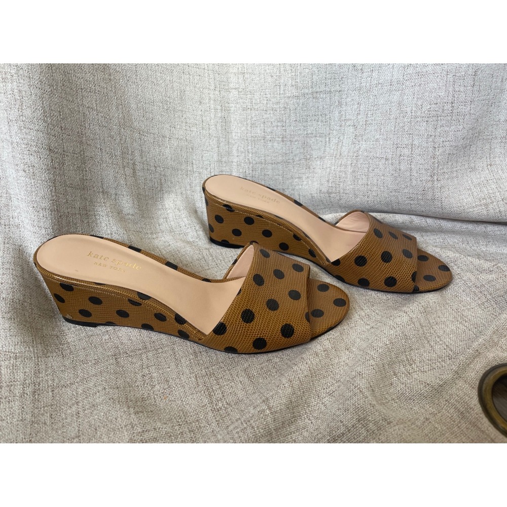 Kate Spade Willow Polka Dot Wedge Sandals Brown Black Lizard Embossed Mules 8.5B